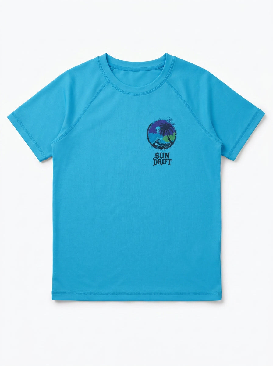 Sun Drift in-stock tee aqua blue front view